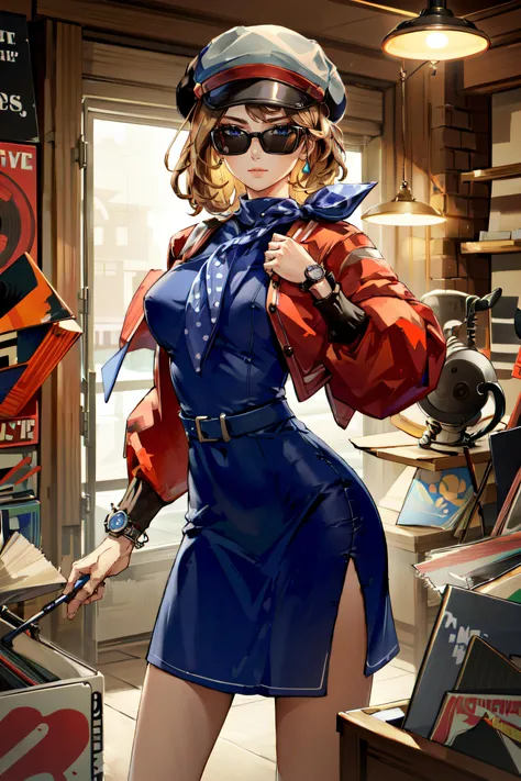(masterpiece, best quality, ultra detailed, absurdres)1.5, 1girl, (sexy, beautiful woman, perfect face, perfect eyes, perfect female body, large breasts)1.5, (Regulus, short hair, brown hair, long sleeves, dress, jacket, scarf, neckerchief, blue dress, white hat, sunglasses, wristwatch, bangs, <lora:Regulus:0.7>), (standing, indoors, record store), perfect lighting, smooth, hdr