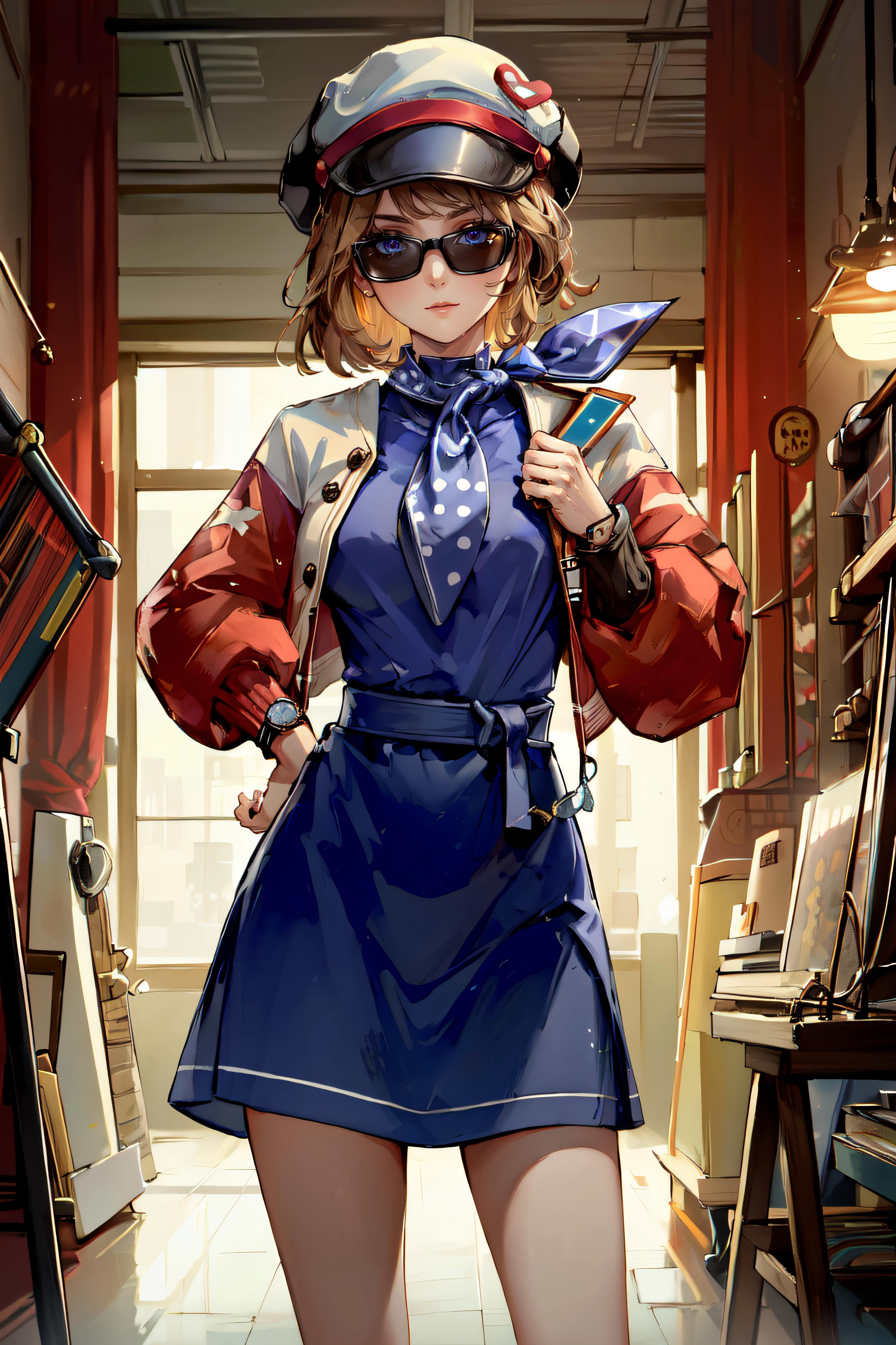 (masterpiece, best quality, ultra detailed, absurdres)1.5, 1girl, (sexy, beautiful woman, perfect face, perfect eyes, perfect female body, large breasts)1.5, (Regulus, short hair, brown hair, long sleeves, dress, jacket, scarf, neckerchief, blue dress, white hat, sunglasses, wristwatch, bangs, <lora:Regulus:0.7>), (standing, indoors, record store), perfect lighting, smooth, hdr