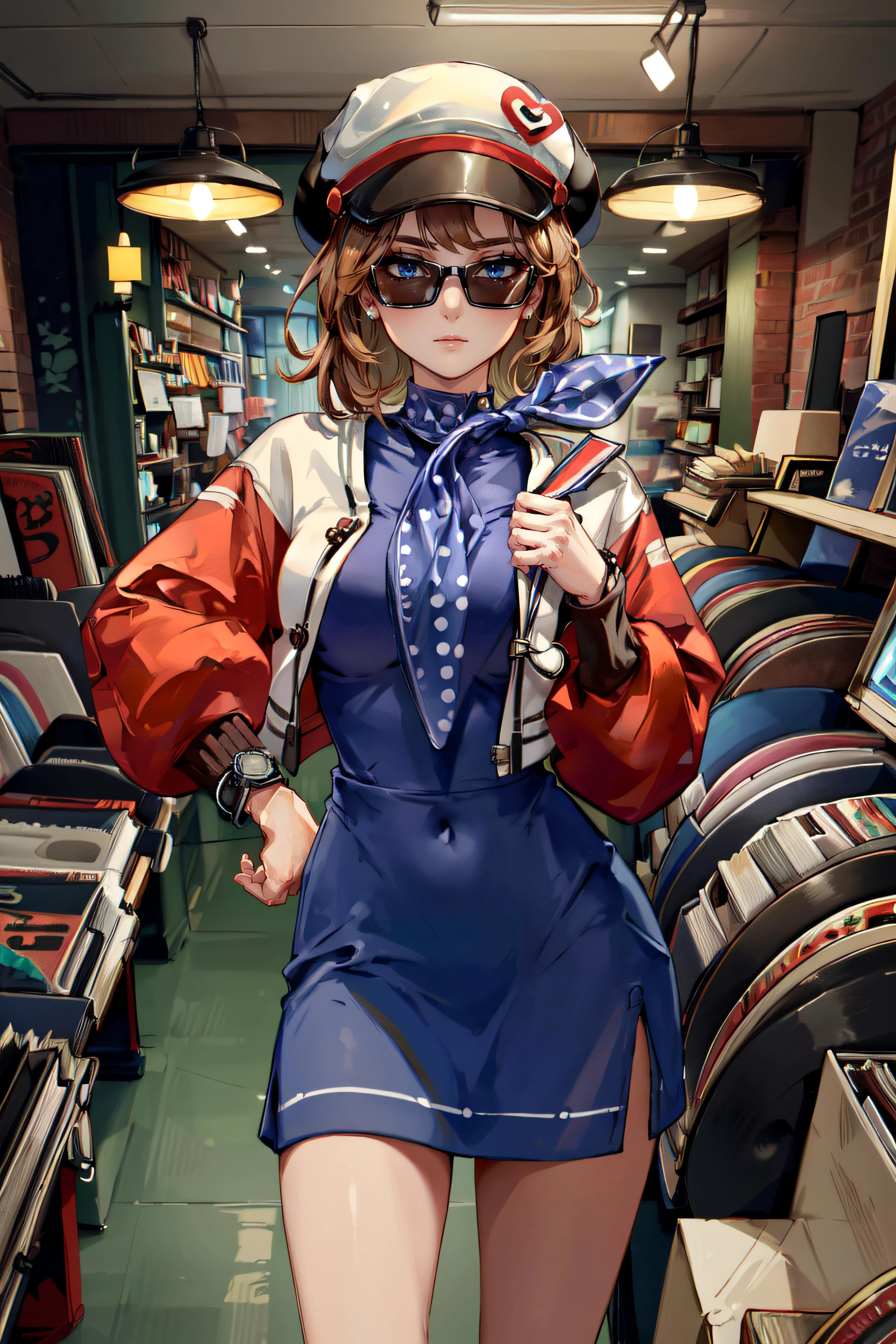 (masterpiece, best quality, ultra detailed, absurdres)1.5, 1girl, (sexy, beautiful woman, perfect face, perfect eyes, perfect female body, large breasts)1.5, (Regulus, short hair, brown hair, long sleeves, dress, jacket, scarf, neckerchief, blue dress, white hat, sunglasses, wristwatch, bangs, <lora:Regulus:0.7>), (standing, indoors, record store), perfect lighting, smooth, hdr