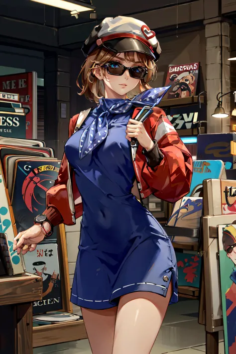 (masterpiece, best quality, ultra detailed, absurdres)1.5, 1girl, (sexy, beautiful woman, perfect face, perfect eyes, perfect female body, large breasts)1.5, (Regulus, short hair, brown hair, long sleeves, dress, jacket, scarf, neckerchief, blue dress, white hat, sunglasses, wristwatch, bangs, <lora:Regulus:0.7>), (standing, indoors, record store), perfect lighting, smooth, hdr