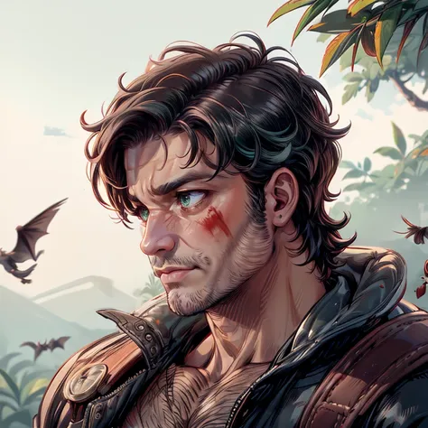 <lora:tangbohu-detailer_1.0:1> <lora:sharpen-soften:-0.5> <lora:realistic:0.1> ang3l0_n0texist portrait solo (full-body:0.6) (bloody-scars:0.7) looking-at-viewer detailed-background detailed-face ( <lora:DecorationBundlev2:0.4> GemstoneAI gemstone-theme:1.1) tribal-jungle-fighter aggressive-expression intense-gaze defensive-stance Mint-Green-torn-tribal-clothing blood smeared-mud feathers bushes moss mysterious-lush-vegetation-in-background bats-in-background moonlight cinematic-atmosphere