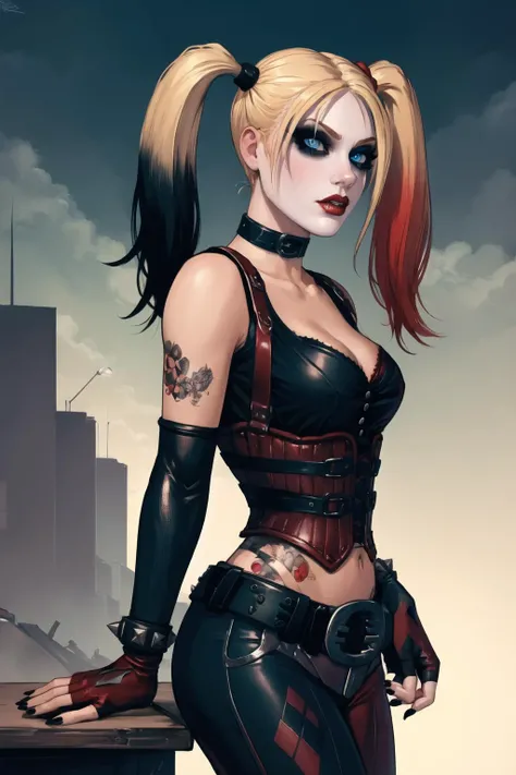 (masterpiece, best quality:1.2), <lora:harley_quinn_(batman_arkham_city):.95>, harley quinn (batman arkham city), 1girl, solo, blonde hair, twintails, fingerless gloves, gloves, breasts, makeup, multicolored hair, navel, nail polish, cleavage, belt, tattoo, midriff, blue eyes, lipstick, choker, medium breasts, eyeshadow, red hair, pants, thighhighs, crop top, collar, lips, black nails, spikes, gradient hair, elbow gloves, red nails, blue hair, long hair, mascara, multicolored clothes, red lips, from side, park bench, book, tranquility, solitude