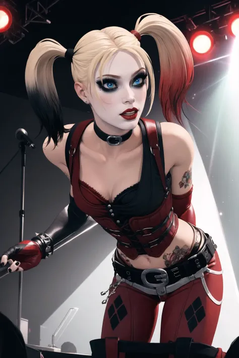 (masterpiece, best quality:1.2), <lora:harley_quinn_(batman_arkham_city):.95>, harley quinn (batman arkham city), 1girl, solo, blonde hair, twintails, fingerless gloves, gloves, breasts, makeup, multicolored hair, navel, nail polish, cleavage, belt, tattoo, midriff, blue eyes, lipstick, choker, medium breasts, eyeshadow, red hair, pants, thighhighs, crop top, collar, lips, black nails, spikes, gradient hair, elbow gloves, red nails, blue hair, long hair, mascara, multicolored clothes, red lips, leaning forward, music concert, crowd, excitement, stage