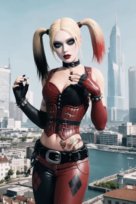 (masterpiece, best quality:1.2), <lora:harley_quinn_(batman_arkham_city):.95>, harley quinn (batman arkham city), 1girl, solo, blonde hair, twintails, fingerless gloves, gloves, breasts, makeup, multicolored hair, navel, nail polish, cleavage, belt, tattoo, midriff, blue eyes, lipstick, choker, medium breasts, eyeshadow, red hair, pants, thighhighs, crop top, collar, lips, black nails, spikes, gradient hair, elbow gloves, red nails, blue hair, long hair, mascara, multicolored clothes, red lips, standing, rooftop, skyscrapers, cityscape, ambition