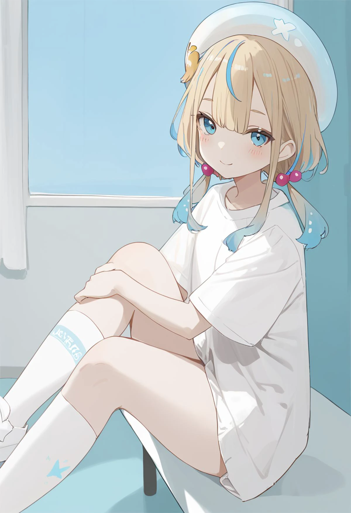 score_9,score_8_up,score_7_up,score_6_up,score_5_up, rating_safe,
<lora:jelee-chan CAME:1>, 1girl, 20yo, adult, bandaid, bangs, blonde hair, blue eyes, blue hair, blush, brown hair, closed mouth, hair bobbles, hair ornament, hat, jeleechan, jewelry, long hair, looking at viewer, multicolored hair, short sleeves, sleeves past wrists, smile, socks, solo, twintails, virtual youtuber, white dress, white footwear, white headwear, white shirt, indoors,
<lora:5.28é¿æé:0.8>, (masterpiece, best quality),cinematic lighting,expressive eyes,
