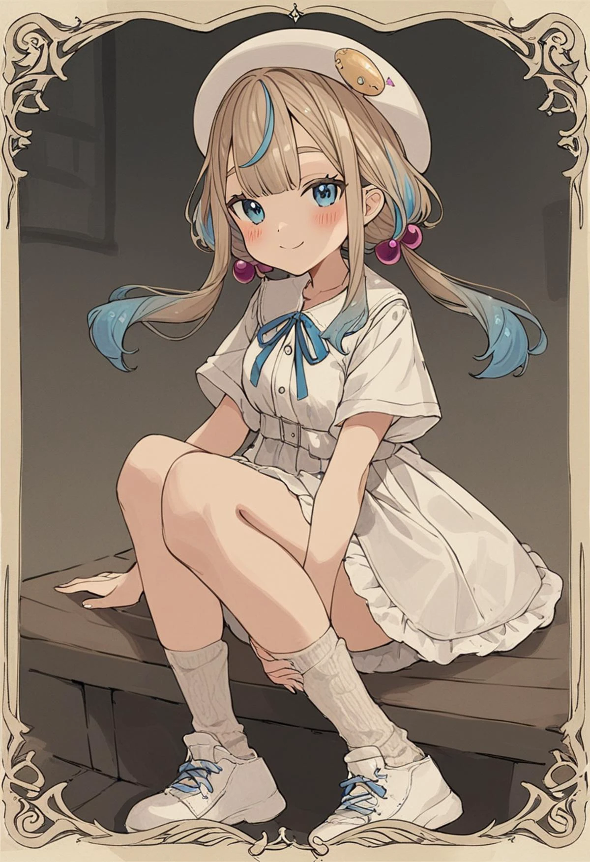 score_9,score_8_up,score_7_up,score_6_up,score_5_up, rating_safe,
<lora:Gothic_Tarot:1>, a tarot card, subject, "Jelee" written,BREAK,
<lora:jelee-chan CAME:1>, 1girl, bandaid, bangs, blonde hair, blue eyes, blue hair, blush, brown hair, closed mouth, hair bobbles, hair ornament, hat, jeleechan, jewelry, long hair, looking at viewer, multicolored hair, short sleeves, sleeves past wrists, smile, socks, solo, twintails, virtual youtuber, white dress, white footwear, white headwear, white shirt, indoors,