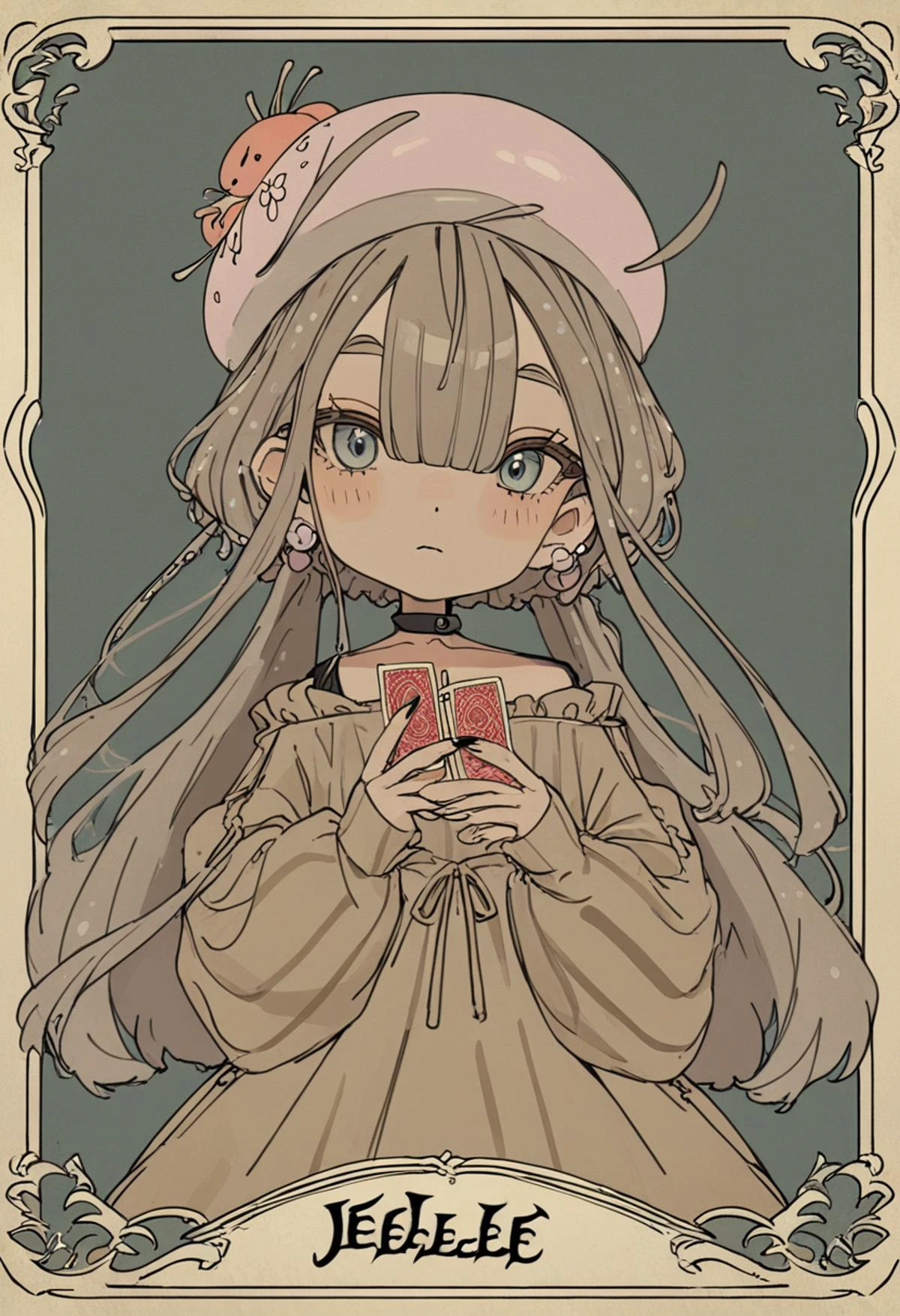 score_9,score_8_up,score_7_up,score_6_up,score_5_up, rating_safe,
<lora:Gothic_Tarot:1>, (a tarot card, <lora:jelee-chan CAME:1> jeleechan, "The Jelee" written: 1.5),BREAK,