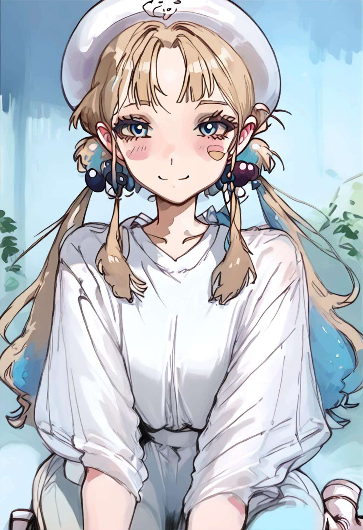 score_9,score_8_up,score_7_up,score_6_up,score_5_up,1990s \\(style\\),
<lora:jelee-chan CAME:1>, 1girl, bandaid, bangs, blonde hair, blue eyes, blue hair, blush, blush stickers, brown hair, closed mouth, hair bobbles, hair ornament, hat, jeleechan, jewelry, long hair, looking at viewer, multicolored hair, short sleeves, sleeves past wrists, smile, socks, solo, twintails, virtual youtuber, white dress, white footwear, white headwear, white shirt,
<lora:Puririkaaa (Jelly Art Style) SDXL_LoRA_Pony Diffusion V6 XL:0.8>,<lora:Himeno_Style_Pony:0.8>, <lora:OldAnimeStyle_XL_v3:1>