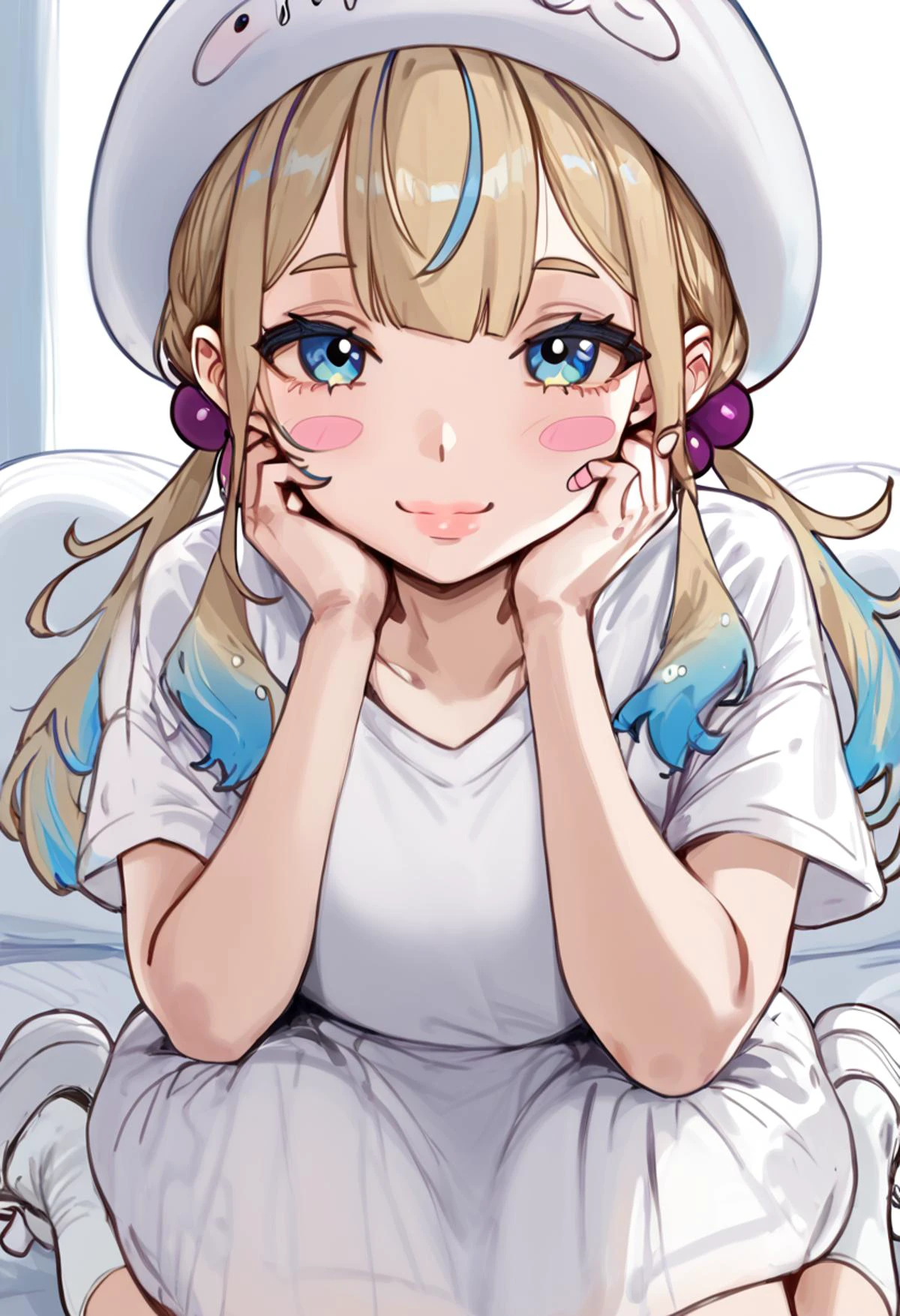 score_9,score_8_up,score_7_up,score_6_up,score_5_up,
<lora:jelee-chan CAME:1>, 1girl, bandaid, bangs, blonde hair, blue eyes, blue hair, blush, blush stickers, brown hair, closed mouth, hair bobbles, hair ornament, hat, jeleechan, jewelry, long hair, looking at viewer, multicolored hair, short sleeves, sleeves past wrists, smile, socks, solo, twintails, virtual youtuber, white dress, white footwear, white headwear, white shirt,
<lora:Puririkaaa (Jelly Art Style) SDXL_LoRA_Pony Diffusion V6 XL:0.8>,<lora:Himeno_Style_Pony:0.8>, puririkaaa_style , lips,