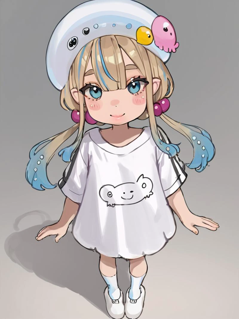score_9,score_8_up,score_7_up,score_6_up,score_5_up,
<lora:jelee-chan CAME:1>, 1girl, bandaid, bangs, blonde hair, blue eyes, blue hair, blush, blush stickers, brown hair, closed mouth, from above, full body, hair bobbles, hair ornament, hat, jeleechan, jewelry, long hair, looking at viewer, multicolored hair, short sleeves, sleeves past wrists, smile, socks, solo, standing, twintails, virtual youtuber, white dress, white footwear, white headwear, white shirt,
<lora:Puririkaaa (Jelly Art Style) SDXL_LoRA_Pony Diffusion V6 XL:0.8>, puririkaaa_style , lips,