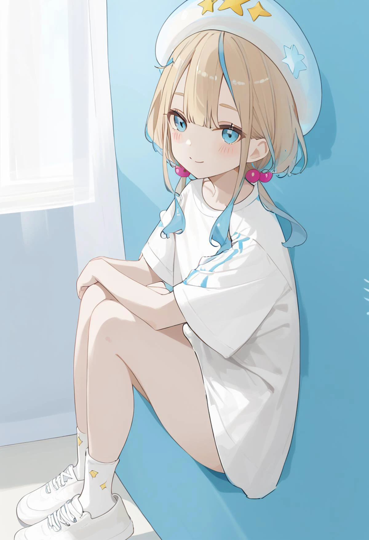 score_9,score_8_up,score_7_up,score_6_up,score_5_up, rating_safe,
<lora:jelee-chan CAME:1>, 1girl, 20yo, adult, bandaid, bangs, blonde hair, blue eyes, blue hair, blush, brown hair, closed mouth, hair bobbles, hair ornament, hat, jeleechan, jewelry, long hair, looking at viewer, multicolored hair, short sleeves, sleeves past wrists, smile, socks, solo, twintails, virtual youtuber, white dress, white footwear, white headwear, white shirt, indoors,
<lora:5.28é¿æé:0.8>, (masterpiece, best quality),cinematic lighting,expressive eyes,