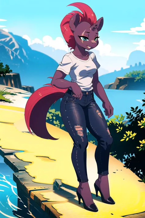 (best quality, masterpiece), tempest shadow, female, (broken horn), anthro furry, serene, happy, calm, high heels, white shirt, short sleeves, jeans, on a cliff, gorgeous New Zealand landscape,