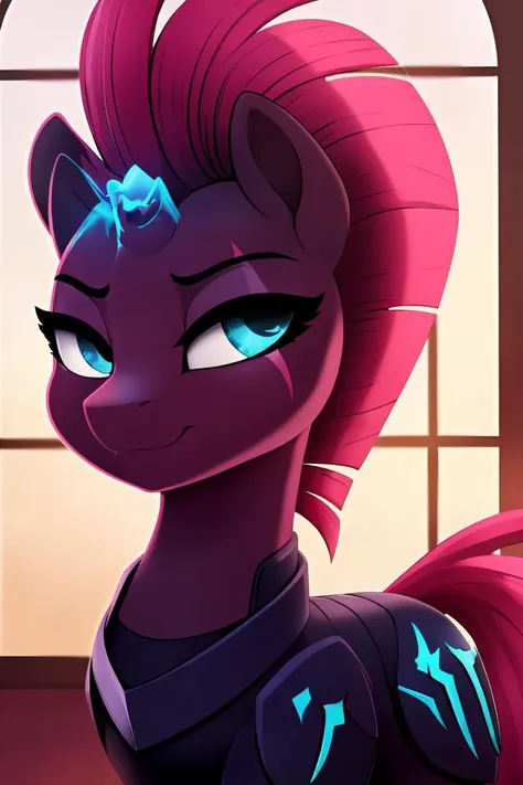 (derpibooru_p_95), masterpiece, tempest shadow, temparmor, broken horn, unicorn, straight hair, makeup, pony, very beautiful, very detailed, perfect anatomy, indoors, cute, safe,