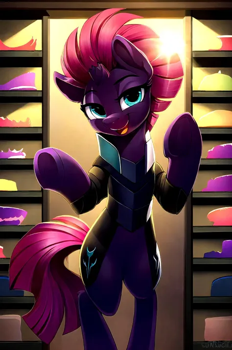 (derpibooru_p_95), tempest shadow, (broken horn), pony mare, temparmor, looking at viewer, happy, open mouth, in a store, daylight, sunbeams, solo, full body,