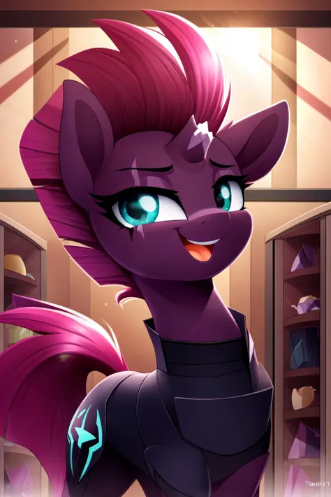 (derpibooru_p_95), tempest shadow, (broken horn), pony mare, temparmor, looking at viewer, happy, open mouth, in a store, daylight, sunbeams, solo, full body,