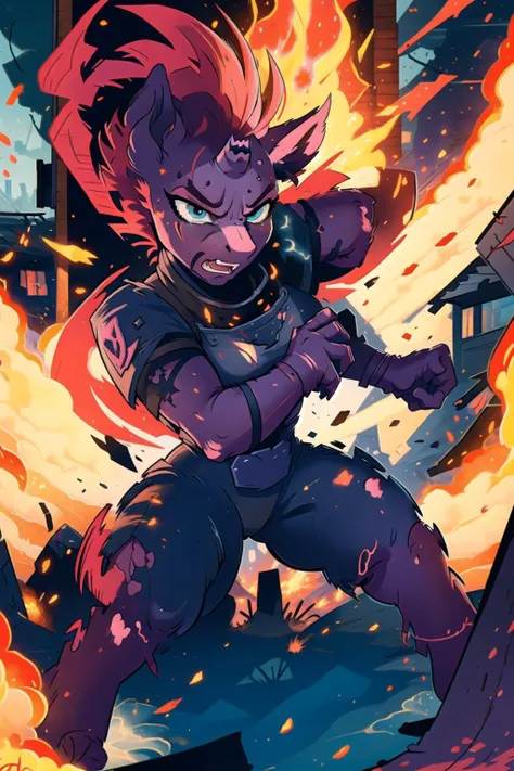 (best quality, masterpiece), tempest shadow, broken horn, anthro, comic style, thick outlines, angry, fighting, in a burning town, solo, bloodstainai,  <lora:Bloodstainai:0.6>