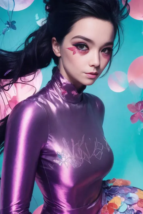 <lora:Bjork:1>, a sexual pink, wears a pastel costume, in the style of anaglyph filter, patrick nagel, rainbowcore, robotic expressionism, perry rhodan, john trumbull, (masterpiece:1.5) (photorealistic:1.1) (bokeh) (best quality) (detailed) (intricate) (8k) (HDR) (wallpaper) (cinematic lighting) (sharp focus on eyes) (high detailed skin:1.3)