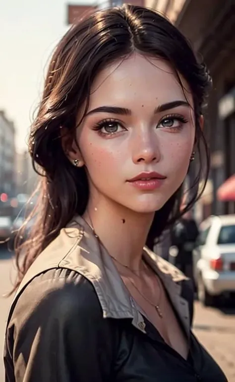 21-year-old, Russian race, (Masterpiece, best quality, photorealistic, high res, photography: 1.3), close-up shot, sharp focus, black hair, hair bun, bun hair, European girl, hot model, slim, Height 160cm, highly detailed eyes and pupils, realistic skin, (perfect body, cleavage), sweatshirt, shirt, loose shirt, small breasts, sports top, slim, extremely detailed hair, delicate sexy face, sexual gaze, shiny lips, outdoor, ((vivid light, dynamic lighting, realistic, super realistic, realism, realistic detail