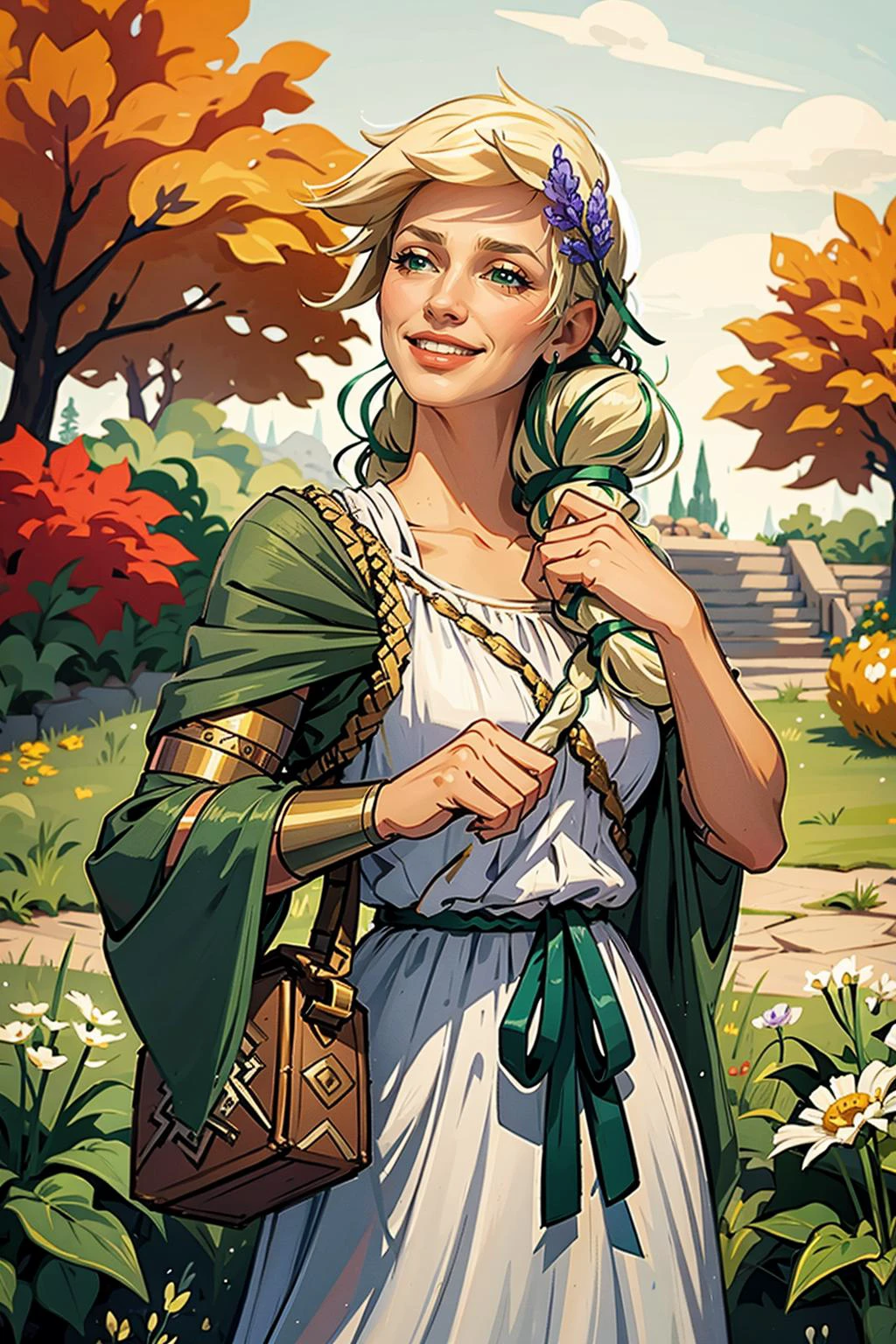 masterpiece, best quality, persephone, hair flower, greek clothes, mature woman, cowboy shot, autumn, serene smile, from side, bracer <lora:persephone-nvwls-v1_Hades:0.9>