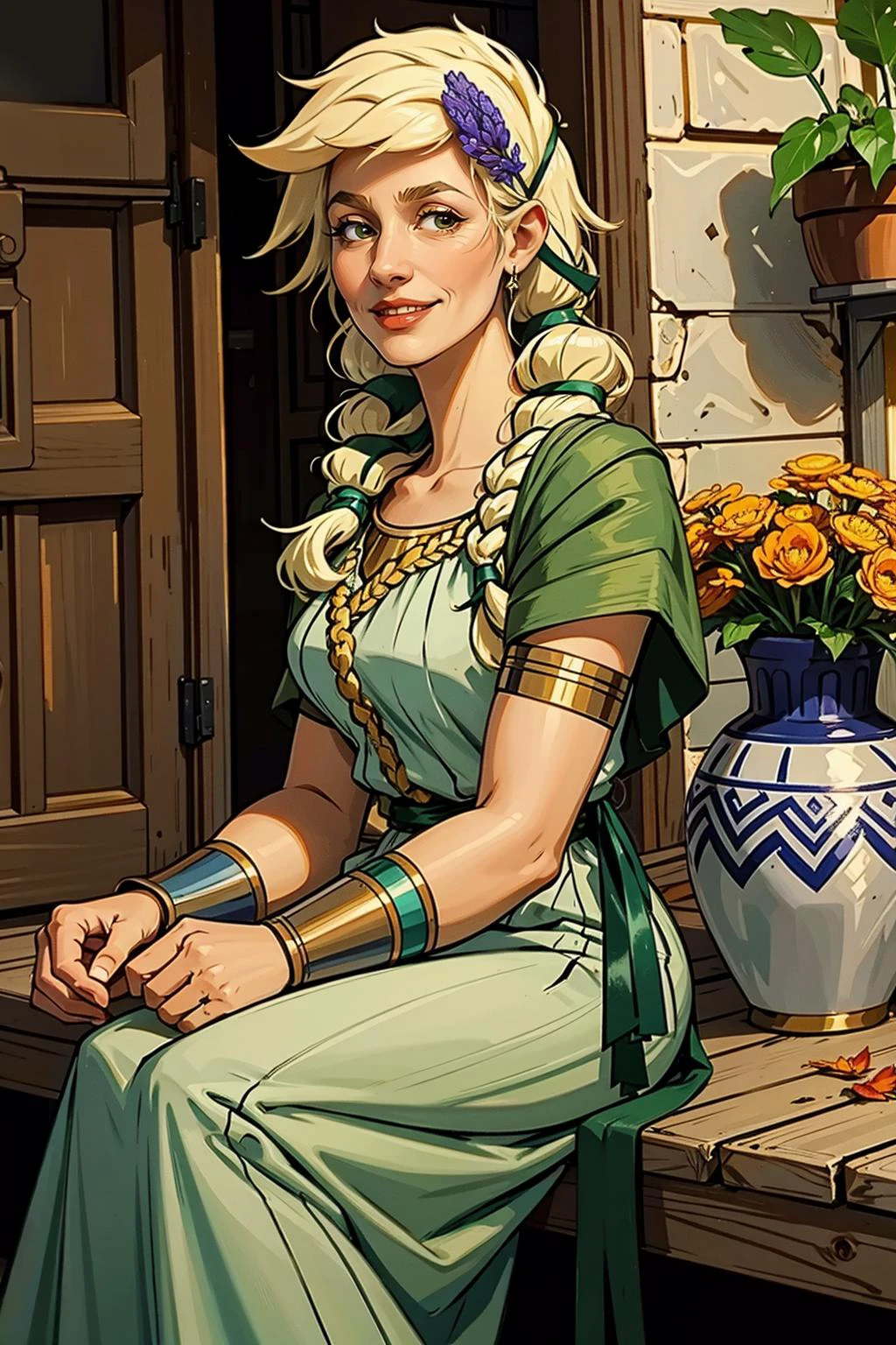 masterpiece, best quality, persephone, hair flower, greek clothes, mature woman, cowboy shot, autumn, serene smile, from side, bracer <lora:persephone-nvwls-v1_Hades:0.9>