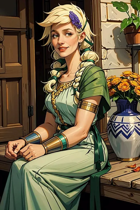 masterpiece, best quality, persephone, hair flower, greek clothes, mature woman, cowboy shot, autumn, serene smile, from side, bracer <lora:persephone-nvwls-v1_Hades:0.9>