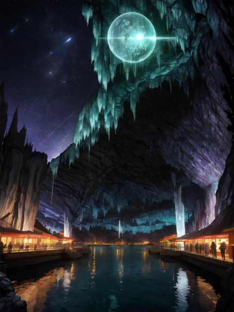 night, (dark environment), Establishing Shot of crystal caves, multiverse,waterfront promenade <lora:DarkIncursioStyle:1>
