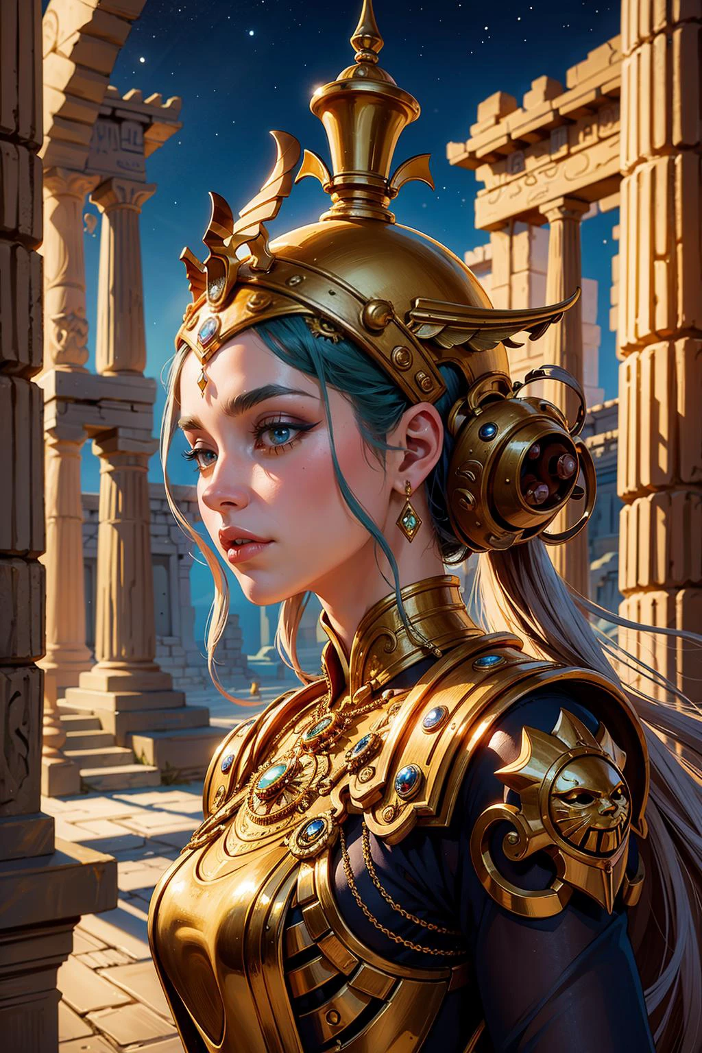 (masterpiece:1.2),best quality,
pharaoh ,mythical creature,Biomech,steampunk,
delicate face,grotesque style,stardust,sexy,ancient temple,relic,scenes from greek mythology,