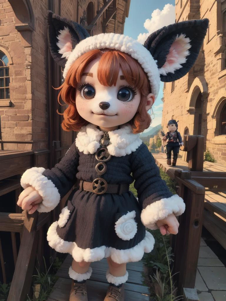 yarn, chibi, cute, 1puppy auburn fur, gothic architecture, sun,hiker <lora:yarn2reg05:0.6>