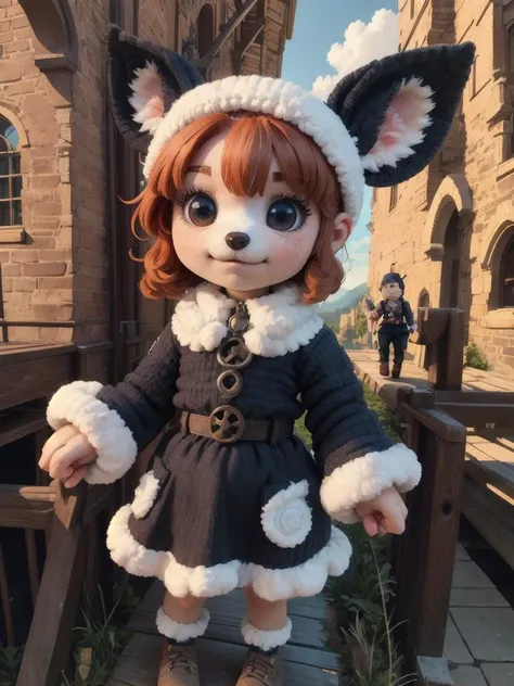 yarn, chibi, cute, 1puppy auburn fur, gothic architecture, sun,hiker <lora:yarn2reg05:0.6>