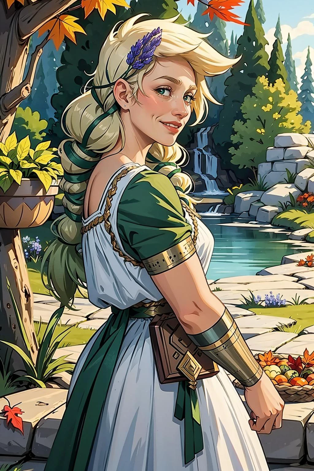 masterpiece, best quality, persephone, hair flower, greek clothes, mature woman, cowboy shot, autumn, serene smile, from side, bracer <lora:persephone-nvwls-v1_Hades:0.9>