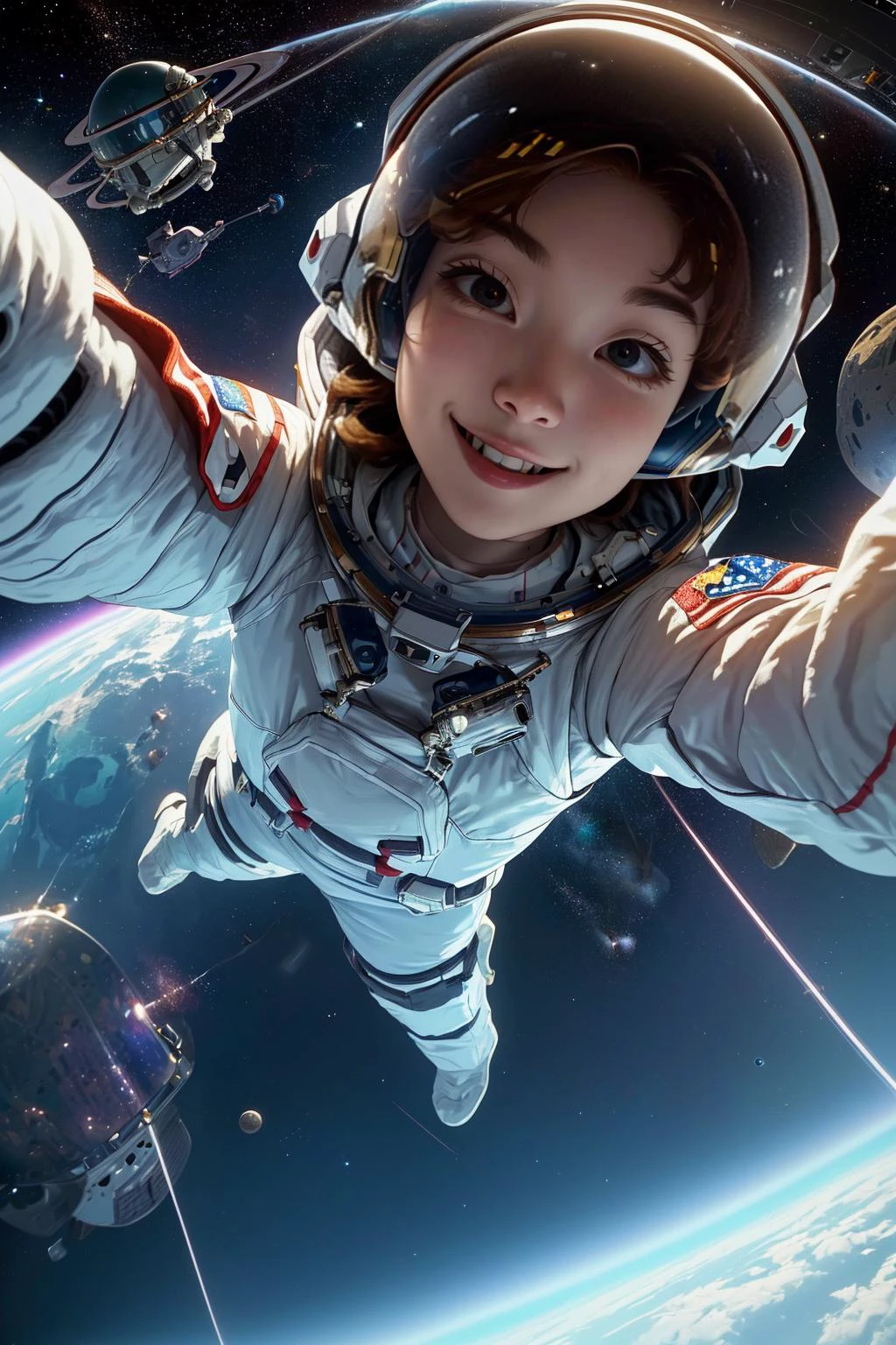 (photographic:1.3), (ultra wide lens:1.3), , (selfie shot:1.3), (an astronaut floating on space:1.3), (helmet:1.3), smile, (infinite space behind her:1.3), (no gravity:1.1) <lora:detail_slider_v4:2>