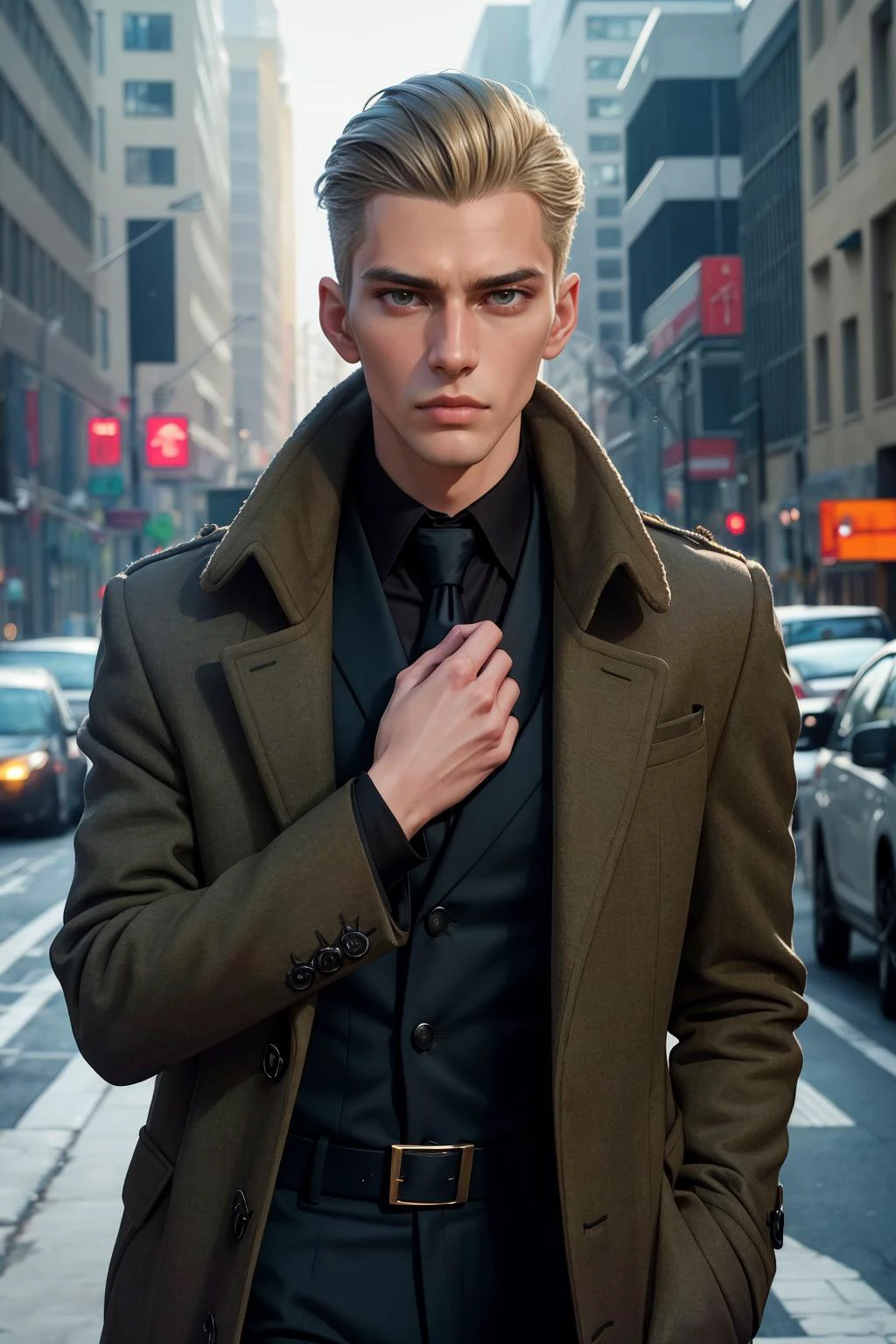 fashion magazine photoshoot, handsome top model, man wearing only coat, posing, bored face expression, skinny, elegant, detailed skin texture, pores, deep photo, raw photo, film grain, grainy photo, professional photo, artistic, on a street,