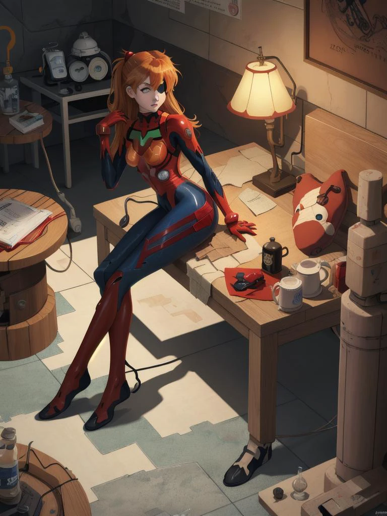 souryuu asuka langley interface headset, red bodysuit, tape, eyepatch <lora:AsukaLangleySouryuuV2:1>, advanced regenerative medical bay, clocks,pillowcases,cups/glasses, shaft switching technique tapestry,terrazzo flooring,limestone, kerosene lamps, table lamps, post-apocalyptic, sci-fi