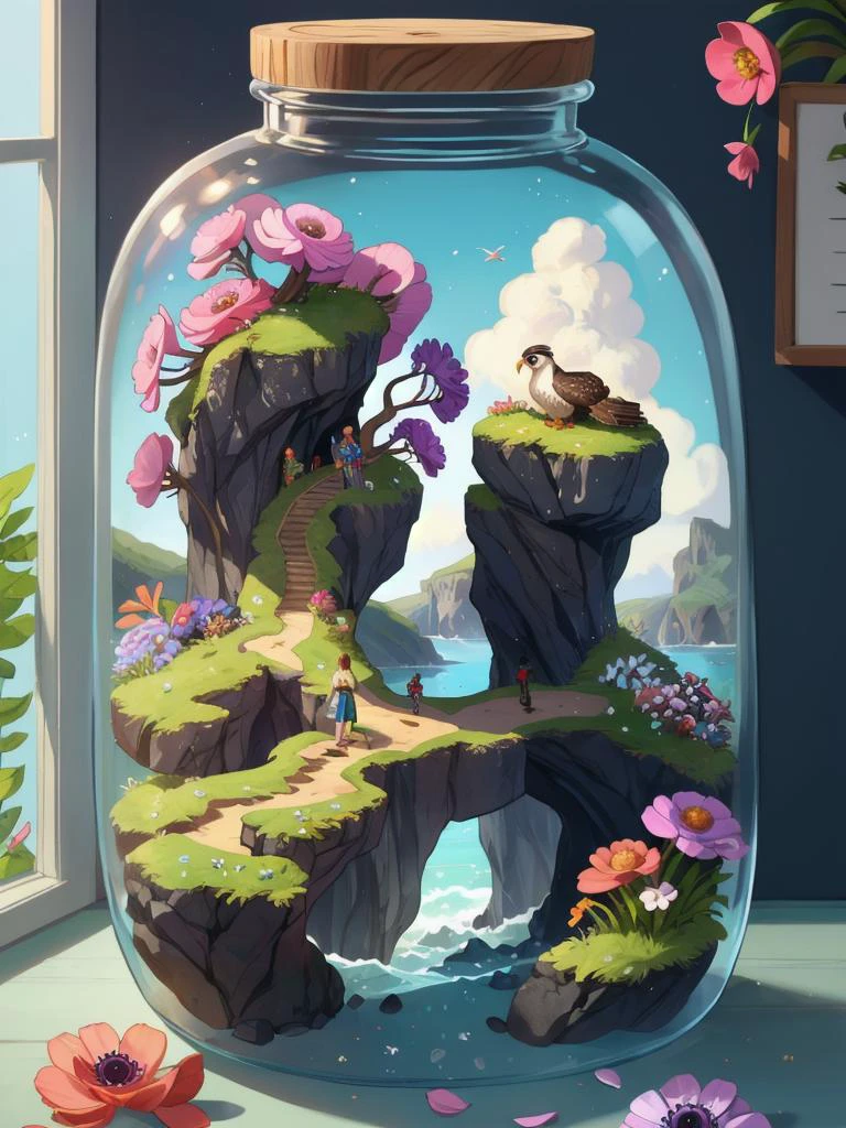 in glass bottle, cliffs, hawk,shield,anemone <lora:GlassBottle:1@0,.5@.4>
