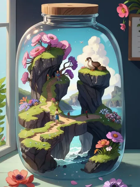 in glass bottle, cliffs, hawk,shield,anemone <lora:GlassBottle:1@0,.5@.4>