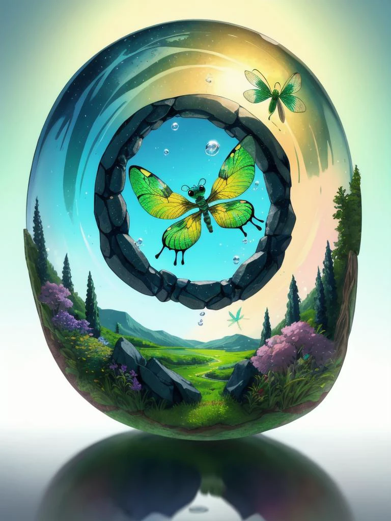 on the bubble, cliffs, niche,rainbow,dragonfly <lora:RingArt_Sora:1@0,.5@.4>