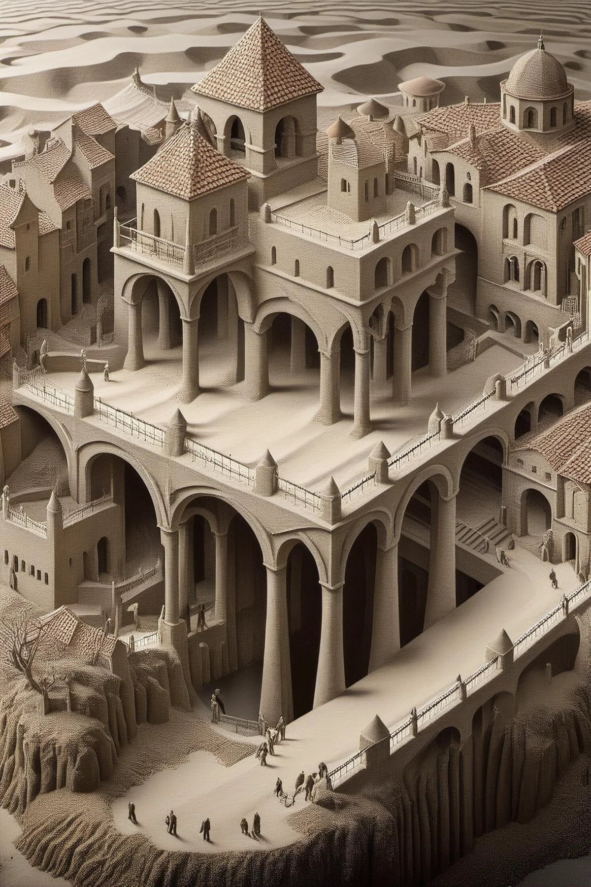 ral-sand,<lora:ral-sand:1>,
A surreal nod to Escher's mastery:1.2,this artwork immerses viewers in a world of paradoxes:1.2 where hands:1.1 draw each other into existence,forming an endlessly self-referential loop:1.1,an homage to the artist's optical brilliance:1.2,art by escher,<lora:Escher_Blend:1>,