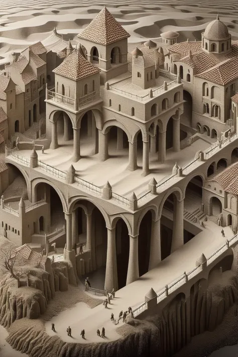 ral-sand,<lora:ral-sand:1>,
A surreal nod to Escher's mastery:1.2,this artwork immerses viewers in a world of paradoxes:1.2 where hands:1.1 draw each other into existence,forming an endlessly self-referential loop:1.1,an homage to the artist's optical brilliance:1.2,art by escher,<lora:Escher_Blend:1>,