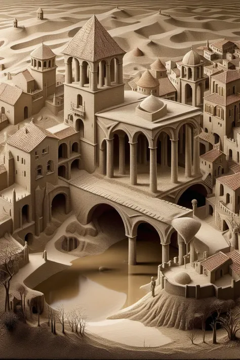 ral-sand,<lora:ral-sand:1>,
An enigmatic nod to Escher's work:1.2,this artwork blurs the boundaries between realism:1.1 and abstraction:1.1,transforming geometric shapes:1.1 into a surreal and paradoxical landscape:1.2,art by escher,<lora:Escher_Blend:0.75>,