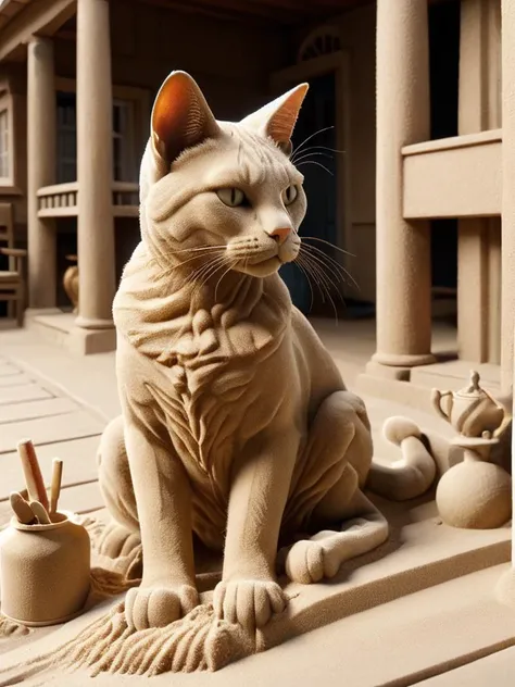 ral-sand, cat sitting on the porch in front of a house <lora:ral-sand-sdxl:1>