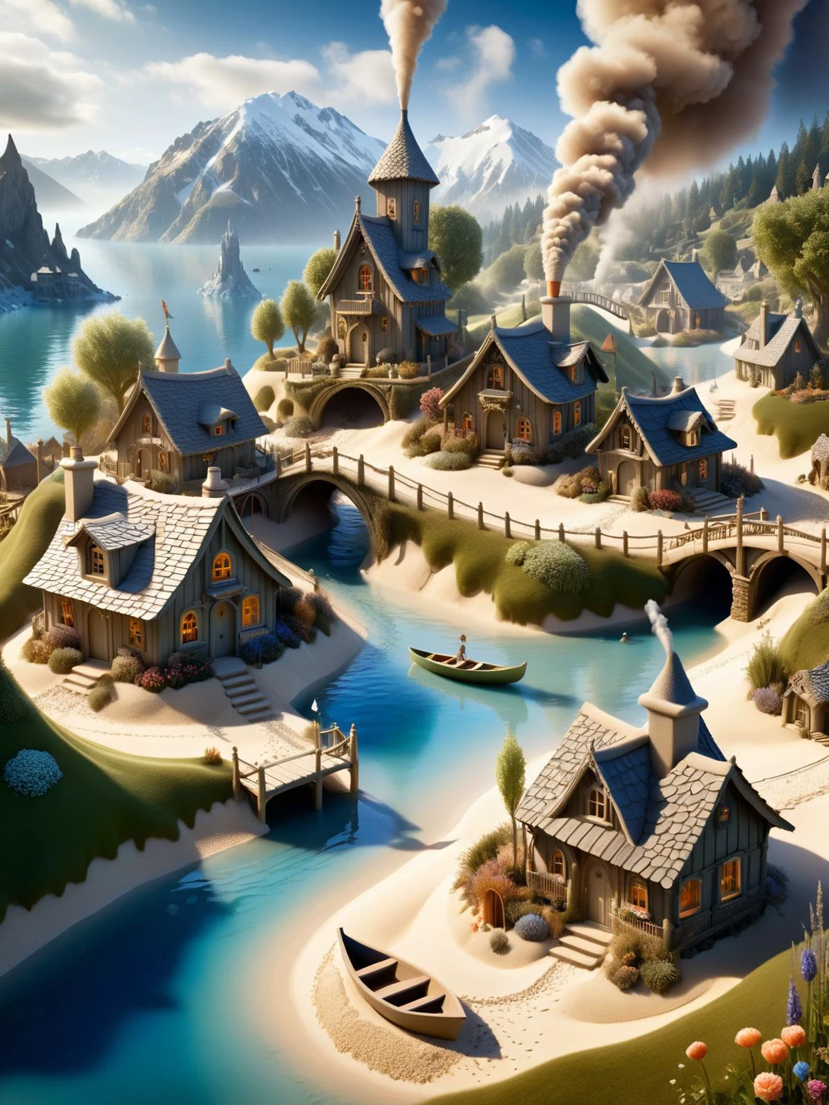 ral-sand, A whimsical scene of a ral-sand fairy village, with tiny houses, rowing boats, streams, hills, bridges, and gardens all intricately detailed in ral-glacial textures, smoke from chimneys <lora:ral-sand-sdxl:0.5>, dynamic, cinematic, masterpiece, intricate, hdr. <lora:EnvyBetterHiresFixXL01:0:hr=1>
