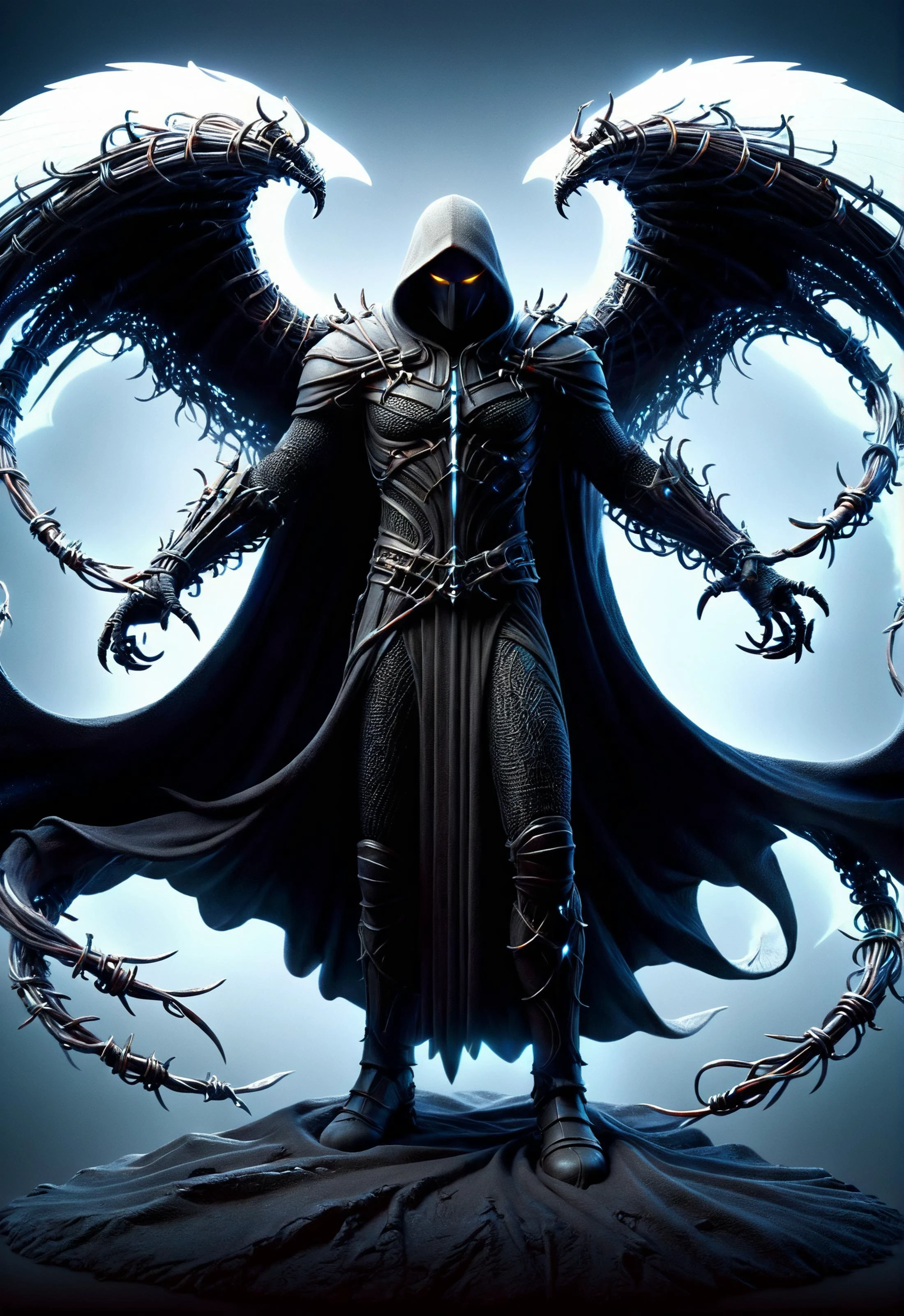 poster art, evil knight with a long flowing dark cape, angel of darkness, fearsome and visually striking character with shifting tendrils, dark holographic glow, dim light, fantasy art, attention to details, octane render, volumetrics, by greg rutkowski <lora:ral-barbwire:0.8> ral-barbwire <lora:ral-sand-sdxl:0.8> ral-sand