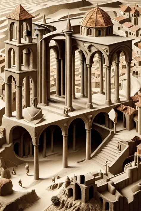 ral-sand,<lora:ral-sand:1>,
An enigmatic nod to Escher's work:1.2,this artwork blurs the boundaries between realism:1.1 and abstraction:1.1,transforming geometric shapes:1.1 into a surreal and paradoxical landscape:1.2,art by escher,<lora:Escher_Blend:0.75>,