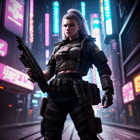 (Highest Quality, 4k, masterpiece, Amazing Details:1.1), cyberpunk soldier viking woman  (neo tokyo cyberpunk). holding a gun,  in a dynamic epic  gunfight, post apocalyptic  outfit, (full body:1.3)  Shallow Depth of Field, E671, lens 50mm f/2.0, (photorealistic:1.3), ((raw photo))