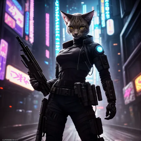 (Highest Quality, 4k, masterpiece, Amazing Details:1.1), cyberpunk soldier khajiit woman  (neo tokyo cyberpunk). holding a gun,  in a dynamic epic  gunfight, post apocalyptic  outfit, (full body:1.3)  Shallow Depth of Field, E671, lens 50mm f/2.0, (photorealistic:1.3), ((raw photo))