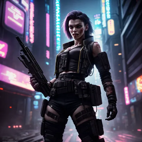 (Highest Quality, 4k, masterpiece, Amazing Details:1.1), cyberpunk soldier ((zombie)) woman  (neo tokyo cyberpunk). holding a gun,  in a dynamic epic  gunfight, post apocalyptic  outfit, (full body:1.3)  Shallow Depth of Field, E671, lens 50mm f/2.0, (photorealistic:1.3), ((raw photo))