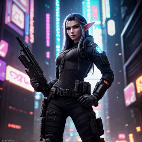 (Highest Quality, 4k, masterpiece, Amazing Details:1.1), cyberpunk soldier elven woman  (neo tokyo cyberpunk). holding a gun,  in a dynamic epic  gunfight, post apocalyptic  outfit, (full body:1.3)  Shallow Depth of Field, E671, lens 50mm f/2.0, (photorealistic:1.3), ((raw photo))