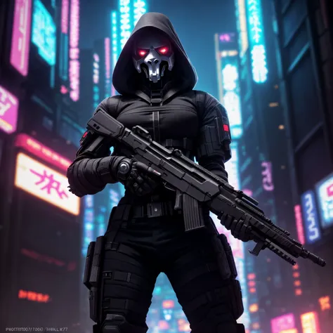 (Highest Quality, 4k, masterpiece, Amazing Details:1.1), cyberpunk soldier (( reaper)) woman  (neo tokyo cyberpunk). holding a gun,  in a dynamic epic  gunfight, post apocalyptic  outfit, (full body:1.3)  Shallow Depth of Field, E671, lens 50mm f/2.0, (photorealistic:1.3), ((raw photo))