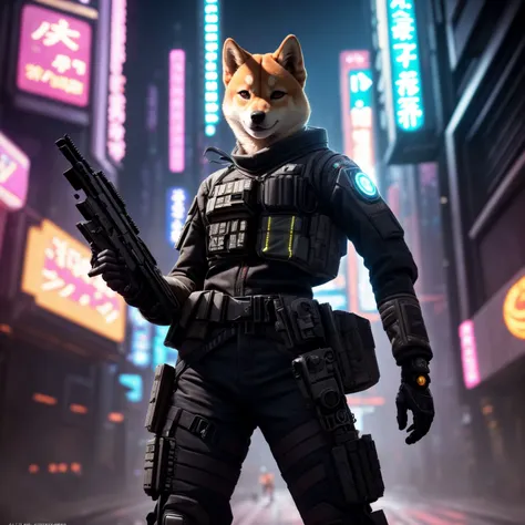 (Highest Quality, 4k, masterpiece, Amazing Details:1.1), cyberpunk soldier ((shiba inu)) woman  (neo tokyo cyberpunk). holding a gun,  in a dynamic epic  gunfight, post apocalyptic  outfit, (full body:1.3)  Shallow Depth of Field, E671, lens 50mm f/2.0, (photorealistic:1.3), ((raw photo))