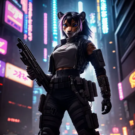 (Highest Quality, 4k, masterpiece, Amazing Details:1.1), cyberpunk soldier tiger woman  (neo tokyo cyberpunk). holding a gun,  in a dynamic epic  gunfight, post apocalyptic  outfit, (full body:1.3)  Shallow Depth of Field, E671, lens 50mm f/2.0, (photorealistic:1.3), ((raw photo))